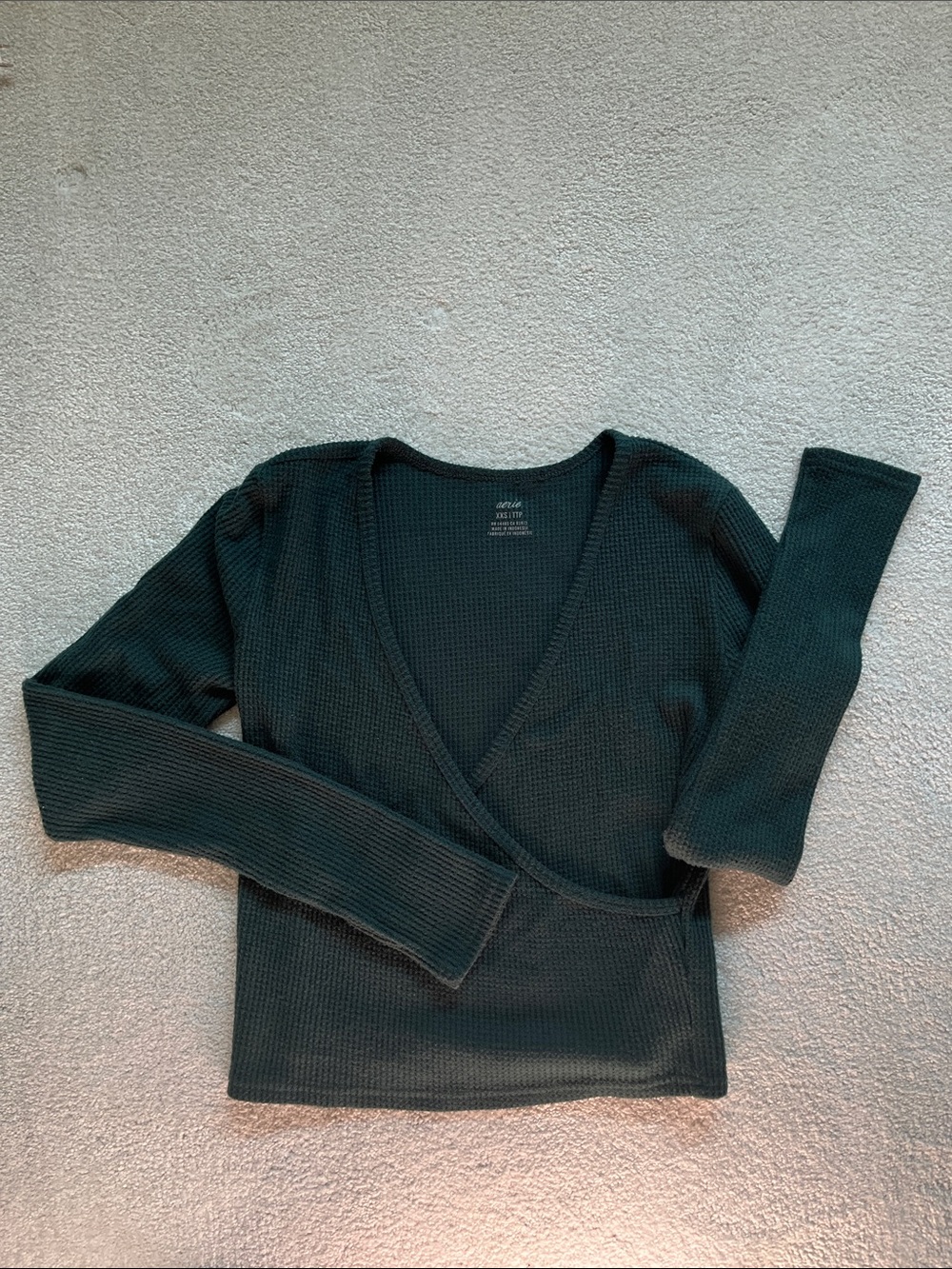 aerie Dark Green Wrap-Front Waffle Long Sleeve Top